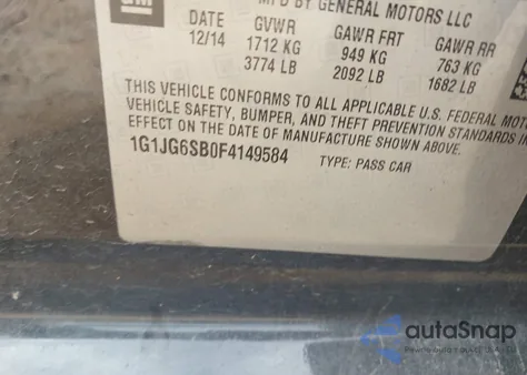 2015 Chevrolet Sonic Rs Auto из США, поврежденный, VIN 1G1JG6SB0F4149584